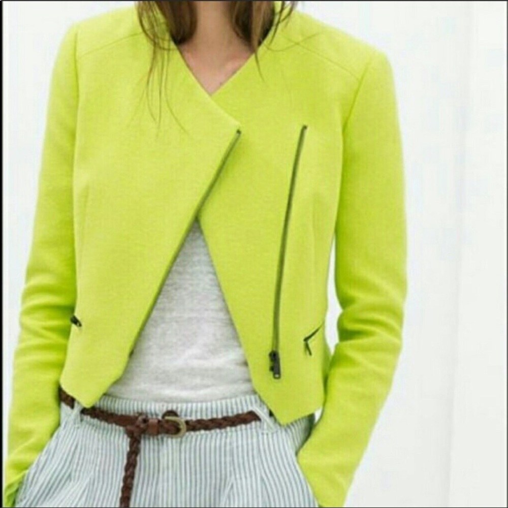 Zara neon green asymmetrical zipper blazer L